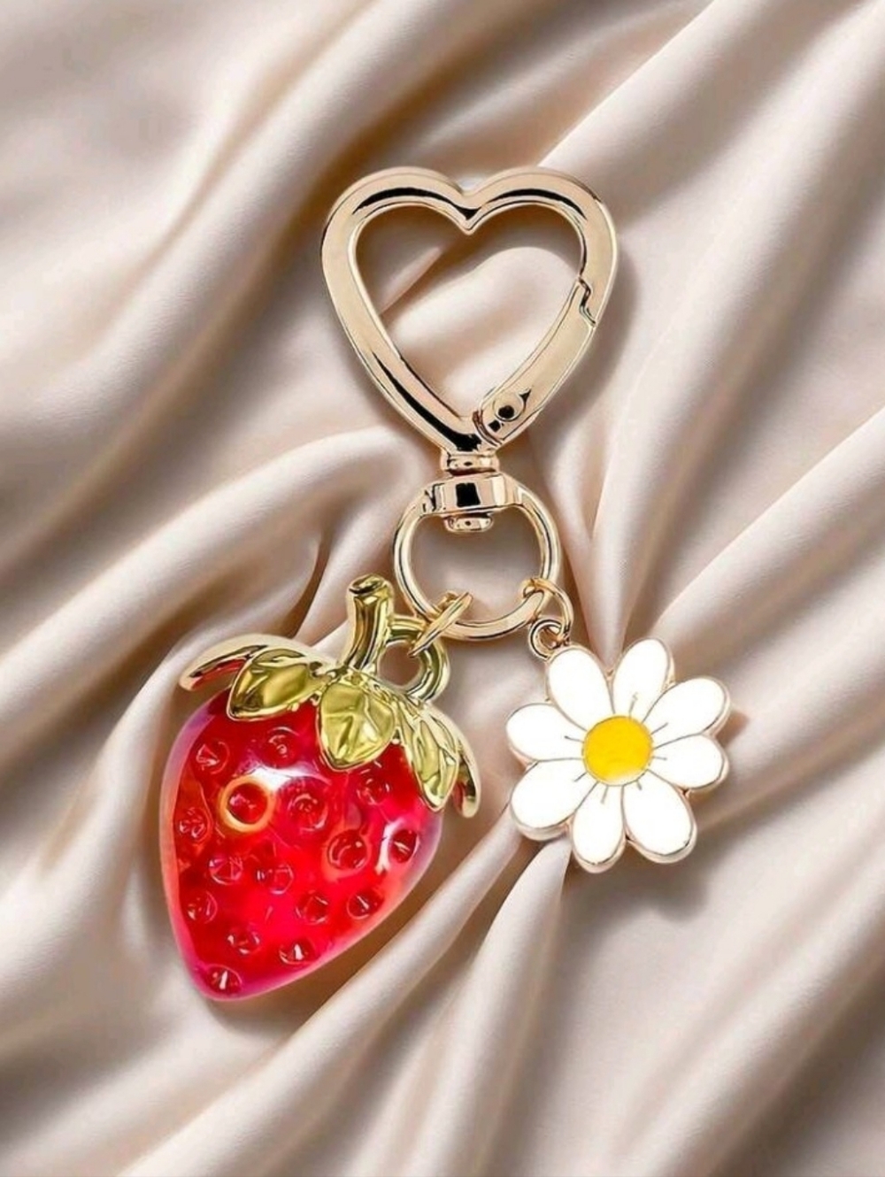 2 PCS Gold Fruit Keychain Set - Red Strawberry & Cherry Charms